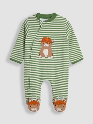 Green Highland Cow Farmyard Appliqué Zip Sleepsuit - Size Newborn