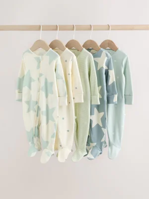 Green Star Two Way Zip Baby Sleepsuits 5 Pack (0-2yrs) - Size First Size