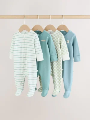 Green Two Way Zip Baby Sleepsuits 4 Pack