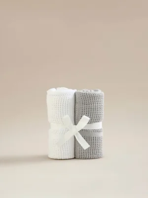 Grey & White Cotton Cellular Shawl Blanket - Set of 2