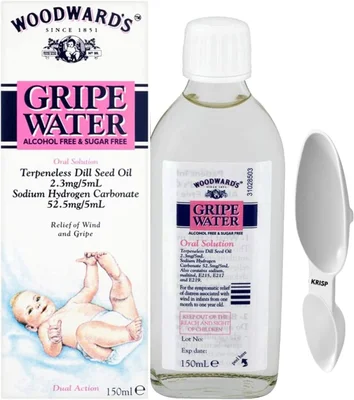 Gripe Water, 150ml - Natural Relief for Baby Colic, Wind & Gripe, Alcohol-Free, Sugar-Free, with Dill Seed Oil & Sodium Hydrogen Carbonate with Double Sided Medicine Spoon - 150ml (Pack Of 2)