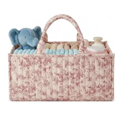 GSenhui BBIQI Floral Baby Diaper Caddy Quilted Fabric Basket Nursery Storage Basket for Diaper and Wipes (Pink)