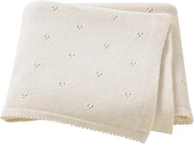 Hadetoto Baby Blanket 100% Cotton Cellular Blanket Baby Soft Cosy Knitted Blanket Beige 100x80cm