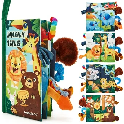 hahaland Baby Book Baby Toys Jungle Tails Sensory Books for Babies Touch and Feel Soft Books, Crinkle Paper Baby Essentials for Newborn Infants Toys, Newborn Gifts - Jungle Tails / Medium