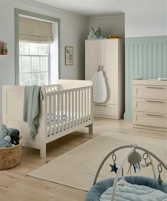 Hampden 3 Piece Cotbed Range with Dresser Changer & Wardrobe – Cashmere Toddler Nursery Furniture Set Convertible Baby Bed, Storage Draw