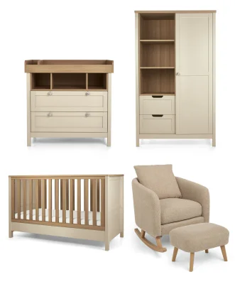Harwell 3 Piece Cotbed Range with Alma Nursing Chair & Stool - Cashmere/ Fawn Boucle