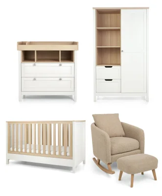 Harwell 3 Piece Cotbed Range with Alma Nursing Chair & Stool - White/ Fawn