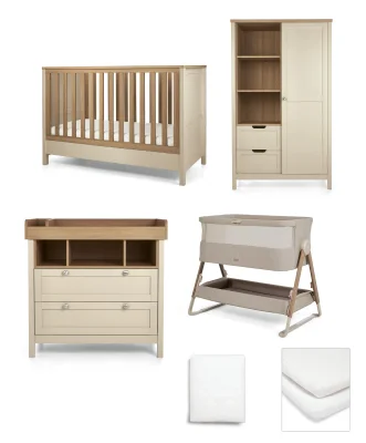 Harwell Nursery Bundle with Lua 2 Bedside Crib (6 Piece) – Mocha/Cashmere
