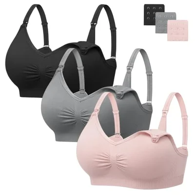 HBselect Womens Nursing Bras Wireless Maternity Bras Breastfeeding Bras - Black+gray+pink / L