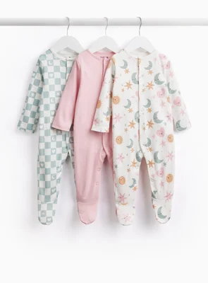 Hearts & Stars Print Sleepsuits 3 Pack Up to 3 mths