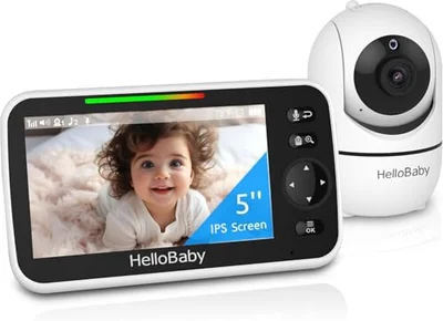 HelloBaby Video Baby Monitor with Camera, 3500 mAh 5 Inch Display, Wired Camera, 355° Swivel-120° Tilt-Zoom, WiFi-Free Baby Monitor, 2-Way Audio, Temperature, 8 Lullabies, Night Vision, HB6550