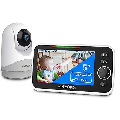 HelloBaby Monitor with Camera and Audio, 5'' Large Screen with 3500mAh Battery, Remote Pan-Tilt-Zoom Camera, Two-Way Talk, ECO-Mode, Auto-Night Vision, Range up to 960ft and No WiFi - Black / 5 inch