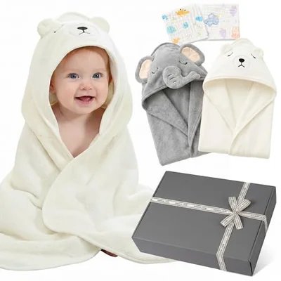 HiABsee Hooded Baby Towel Set, 2 Pcs Baby Bath Towels and 2 Pcs Baby Washcloths, Ultra Soft Absorbent Newborn Bath Towel Set for Infants Boys Girls - Grey & White - 31.5" X 31.5"