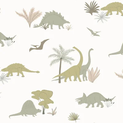 Hibou Design Dinosaurs Wallpaper - Jurassic Grey / Olive - Sample