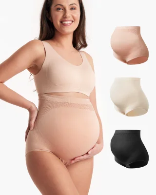 High Waist Pregnancy Seamless Soft Belly Support Panties | Value: Black + almond + oyster Pink-3pk