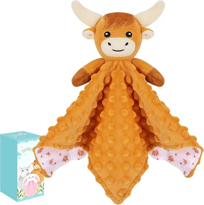 Highland Cow Baby Comforters Blanket Plush Cuddly Toy Comforter Cuddle Blanket Animal Snuggle Toy Comforters Infant Gift for Mom, Cow Toys Loveys Newborn Soft Touch Toddler Boys Girls Plush - Brown