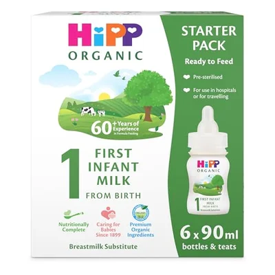 HiPP Organic 1 First Infant Baby Milk Ready to Feed Liquid Formula Starter Pack, From Birth (6 x 90ml bottles) - Default