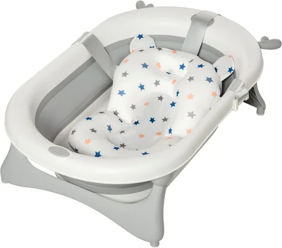 HOMCOM Foldable Baby Bathtub Set, Collapsible Bath Tub with Thermostatic Water Plug, Non-Slip Support, Cushion Pad, Drain Plugs, for Newborn to 3 Years - Grey