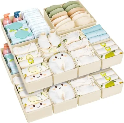 Homsorout 15 Pack Drawer Organisers - Fabric Drawer Dividers for Clothes, Foldable Wardrobe Storage Organiser for Baby Clothing, Socks, Underwear, Ties, Bras Organization, Beige - Beige / Set of 15
