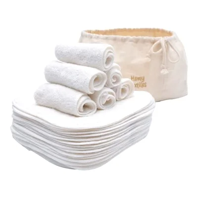 Homy Textiles Pack of 25 Bamboo Reusable Wash Cloth & Baby Wipes - 20 cm x 20 cm Soft Flannel Face Cloth with a Decorative Stylish 100% Cotton Bag - Newborn Essentials - White / 20 cm x 20 cm