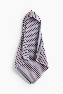 Hooded baby bath towel - Light blue/Dark red striped