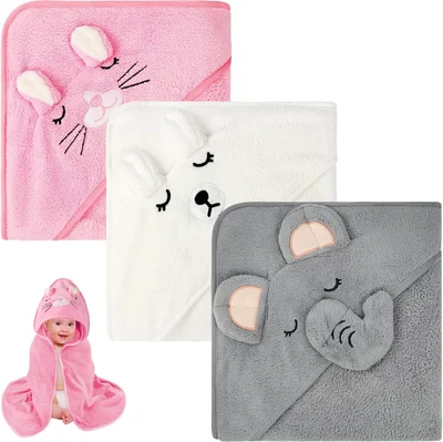 Aolso Hooded Baby Towel,3 PCs Baby Bath Towels with Hood,80x80cm Soft and Absorbent Hooded Towels for Kids Newborn and Infant,Baby Shower Gifts(White/Gray/Pink)