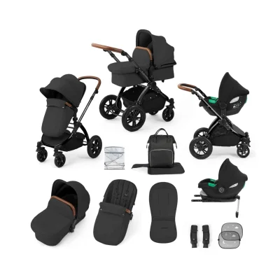 Ickle Bubba Stomp Luxe 12 Piece Travel System with i-Size Cirrus Car Seat & ISOFIX Base - Black/Charcoal Grey/Tan