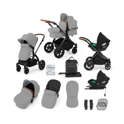 Ickle Bubba Stomp Luxe 12 Piece Travel System with i-Size Cirrus Car Seat & ISOFIX Base - Black/Charcoal Grey/Tan