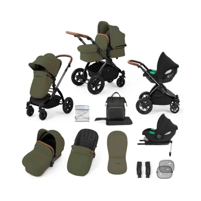 Ickle Bubba Stomp Luxe 12 Piece Travel System with i-Size Nimbus Car Seat & Spin Isofix Base - Green