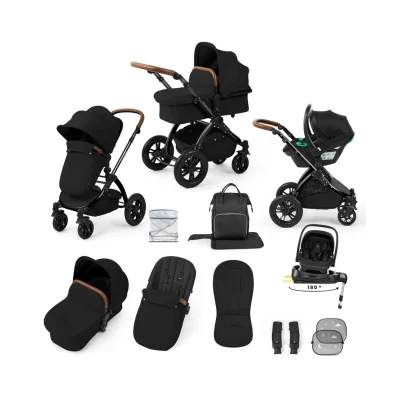 Ickle Bubba Stomp Luxe 12 Piece Travel System with i-Size Nimbus Car Seat & Spin ISOFIX Base - Black / Stone / Black
