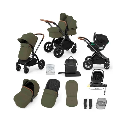Ickle Bubba Stomp Luxe 12 Piece Travel System with i-Size Nimbus Car Seat & Spin Isofix Base - Black / Woodland / Tan