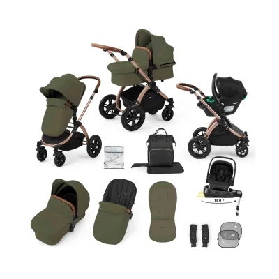 Ickle Bubba Stomp Luxe 12 Piece Travel System with i-Size Nimbus Car Seat & Spin ISOFIX Base - Bronze / Woodland / Tan