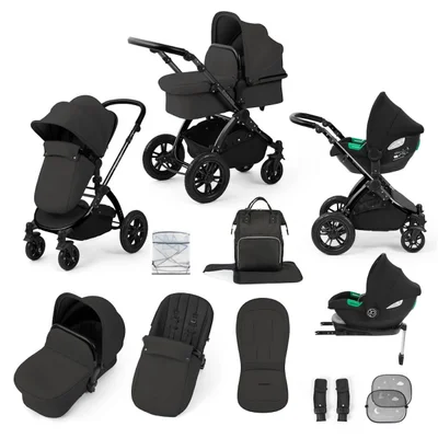 Ickle Bubba Stomp Luxe 12 Piece with i-Size Cirrus Car Seat & ISOFIX Base Travel System- Charcoal Grey - Black Frame + Black Handles