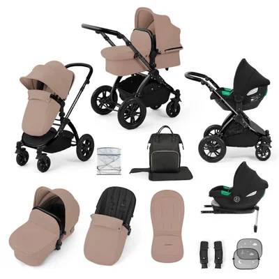 Ickle Bubba Stomp Luxe 12 Piece with i-Size Cirrus Car Seat & ISOFIX Base Travel System- Charcoal Grey - Black Frame + Black Handles