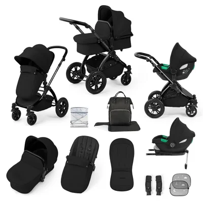 Ickle Bubba Stomp Luxe 12 Piece with i-Size Cirrus Car Seat & ISOFIX Base Travel System- Charcoal Grey - Black Frame + Black Handles