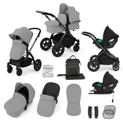 Ickle Bubba Stomp Luxe 12 Piece with i-Size Cirrus Car Seat & ISOFIX Base Travel System- Pearl Grey - Black Frame + Black Handles