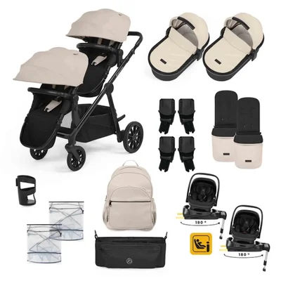 Ickle Bubba Virgo Twin 18 Piece Travel System with i-Size Nimbus Car Seats & Spin ISOFIX Bases- Stone