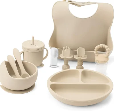 Indique Baby Weaning Set - 11 Pcs Silicone Baby Feeding Set with Suction Plate, Weaning Kit with Adjustable Bib, Fork, Spoon, Fruit Feeder & Toothbrush – Ideal Weaning Set Baby Gift (Beige)