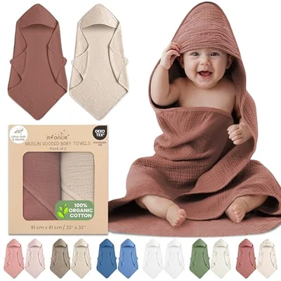 infancie Organic Cotton Hooded Baby Towel - 2 Pack Muslin Baby Towels for Infants, 81x81 cm Bath Towels with Hood - Super Soft, Absorbent and Durable (Rose/Peach) - (Rust/Ivory) / S