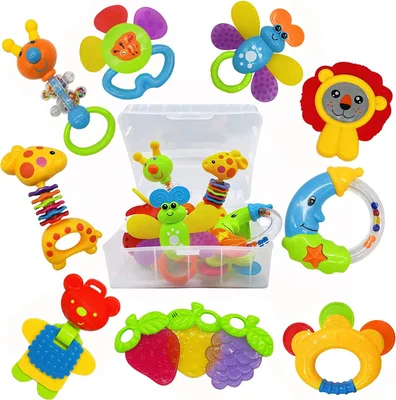 Infant Toys 0-3 Months Infant Rattles AIVIAI Baby Rattle Teether Toy Set with Storage Box Musical rattles for Newborn Girl Boy 5 6 8 9 12 Month (11pcs) - Default