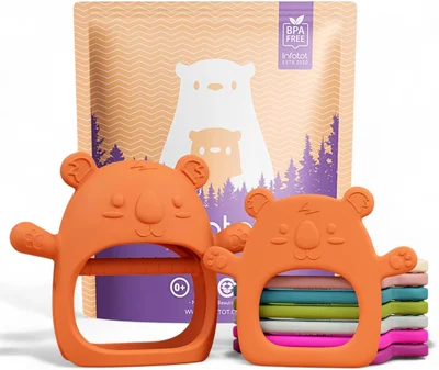 Infatot® Teething Toys for Baby Gifts – 2-Pack Koda Koala Teether Mitten Glove, Soothing Hand Teethers for Infants, Baby Toys 0-6 Months and Up, Newborn Essentials for Teething Relief, Orange. - Koala Orange