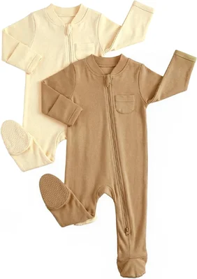JiAmy Baby Grows Sleepsuits 2 Pack, Tiny Baby 100% Cotton Two-Way Zip Long Sleeve Footed Pajamas with Mitten Cuffs for Newborn-12 Month - Beige Khaki / 0-3 Months
