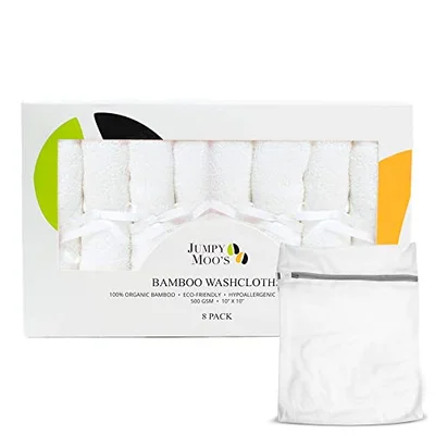 JM Bamboo Washcloths - 100% Bamboo, Ultra Thick 500gsm, 10x10 Inches, Baby Face Cloth, Flannels Face Cloth Pack 8, Gentle on Delicate Skin, Guards Against Irritations, Giftbox & Laundry Bag
