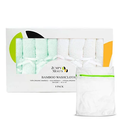 JM Bamboo Washcloths - 100% Bamboo, Ultra Thick 500gsm, 10x10 Inches, Baby Face Cloth, Flannels Face Cloth Pack 8, Gentle on Delicate Skin, Guards Against Irritations, Giftbox & Laundry Bag