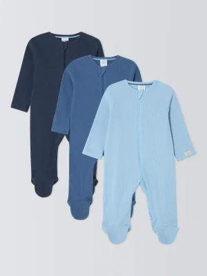 John Lewis Baby Cotton Two Way Zip Ribbed Cotton Sleepsuit, Pack of 3, Blue
