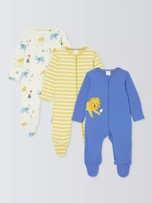 John Lewis Baby Lion Sleepsuits, Pack of 3, Blue
