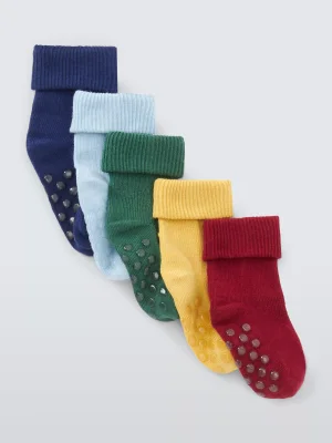 John Lewis Baby Organic Cotton Rich Roll Top Socks, Pack of 5 - Blue/Multi / 0-3 months