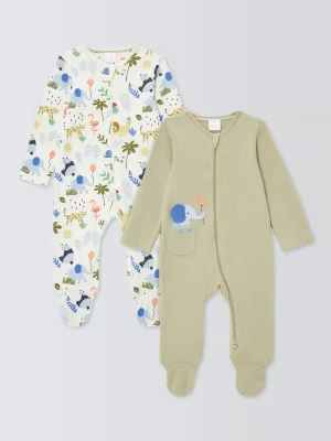 John Lewis Baby Safari Sleepsuits, Pack of 2, Multi