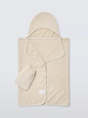 John Lewis Eden Safari Soft Elephant Burnout Baby Hooded Towel & Wash Mitt Set, Brown