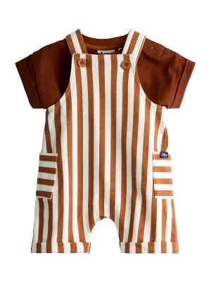 JoJo Maman Bébé Baby Stripe Appliqué Dunagree and T-Shirt Set, Rust Orange